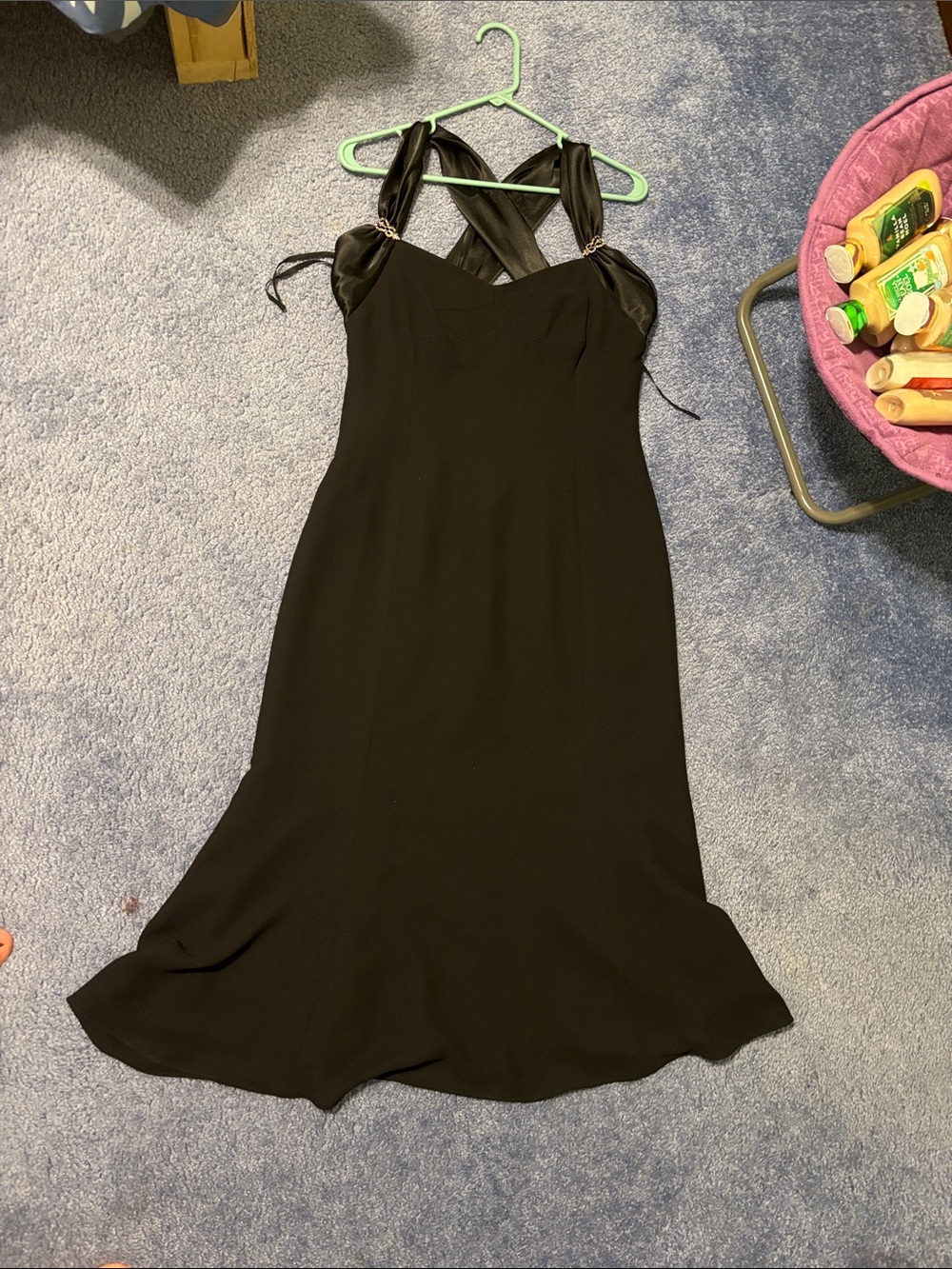 Rena Rowan Black Midi Dress with Satin Crossback Straps